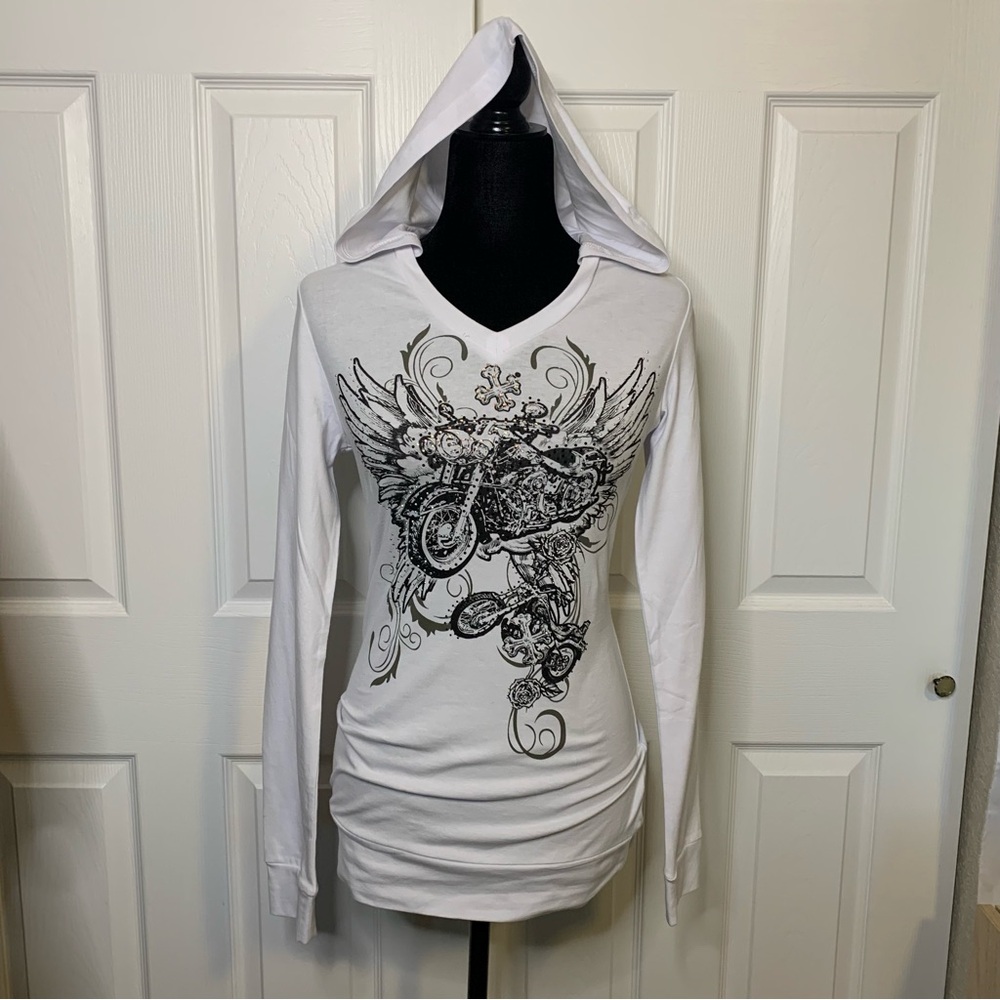 LA Motorcycle Rhinestone Hooded Long Sleeve Top